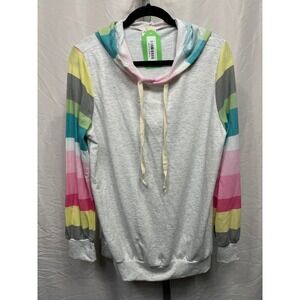 Lovely Melody Rainbow Stripe Hoodie Pullover Sweatshirt Women's Sz. L Light Gray